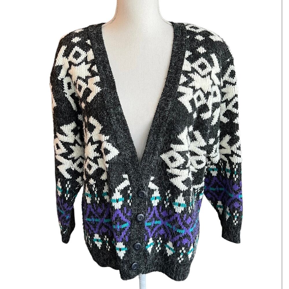 Vintage 90s snowflake cardigan sweater button down knit winter holiday - Picture 2 of 7